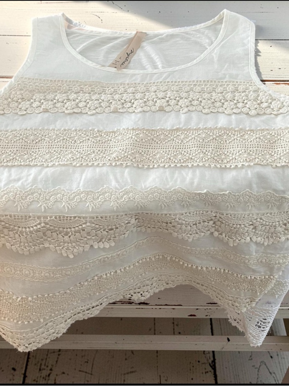 Boho Lace-Trim Sleeveless white with crème lace Top - White